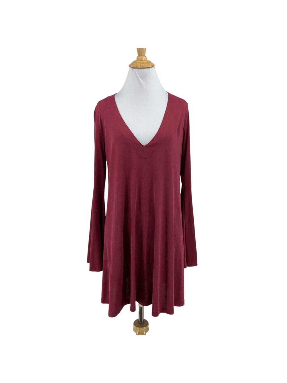 Lush Dress Womens‎ S Small Wine Plunge Neck Keyhole Back Long Bell Sleeve Mini